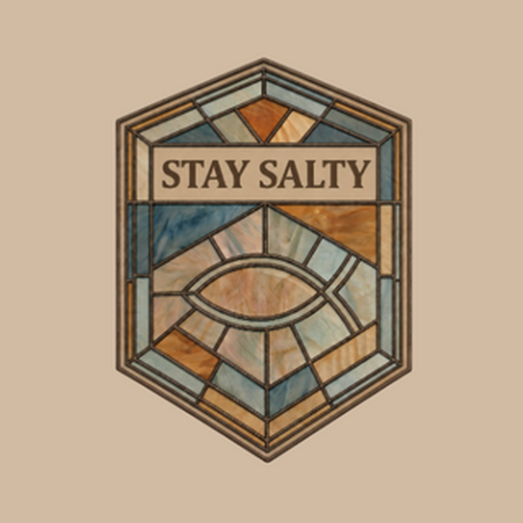 Close-up of the Stay Salty stained glass shield design