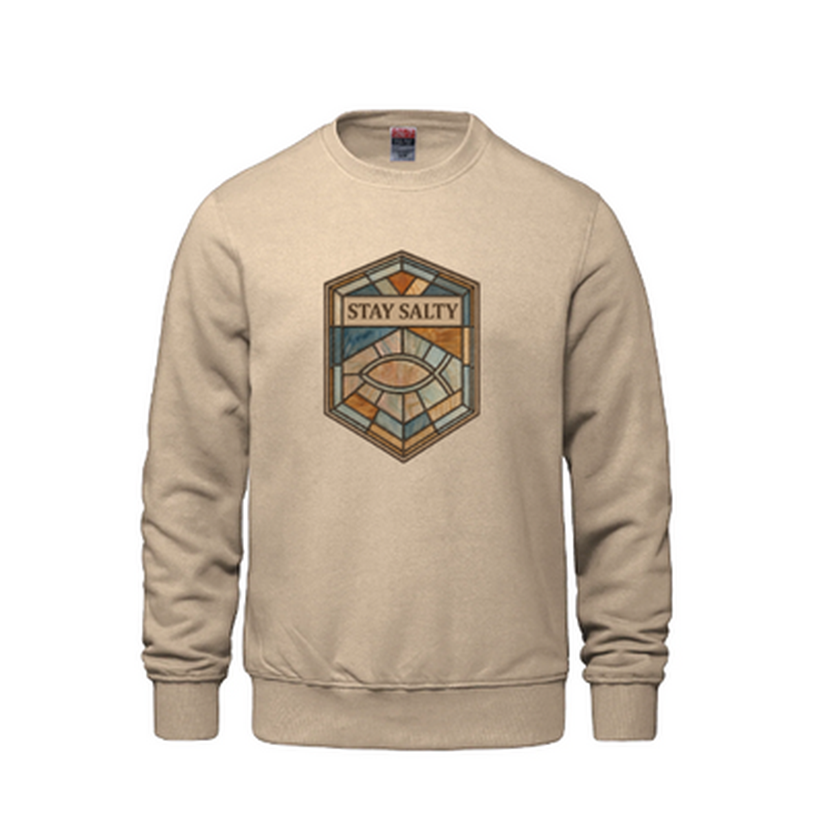 Stay Salty stained glass crewneck in sand, front view
