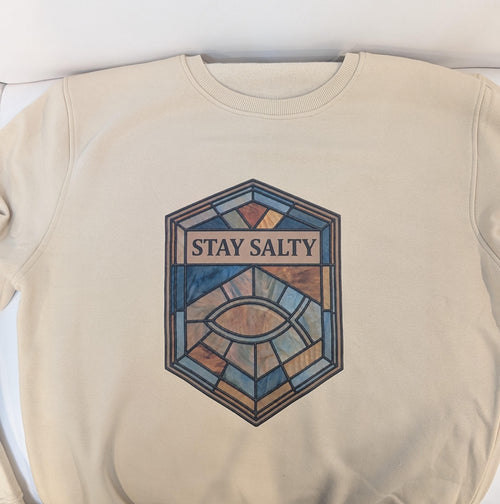 Stained Glass Stay Salty crewneck in sand, Christian apparel, real photo